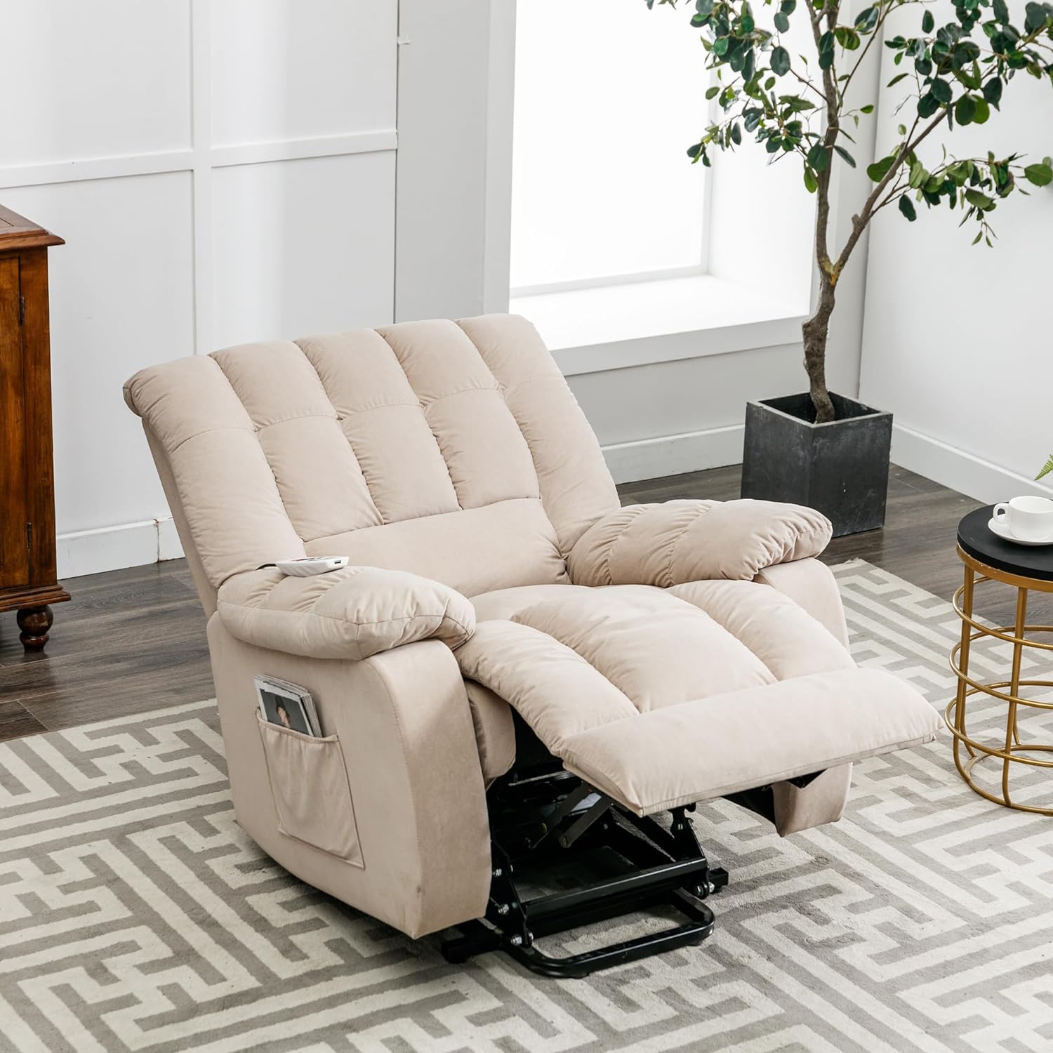 Lifeand Massage Electric Power Lift Recliner Chairs with Heat, Vibration, Side Pocket for Living Room, Bedroom, Beige